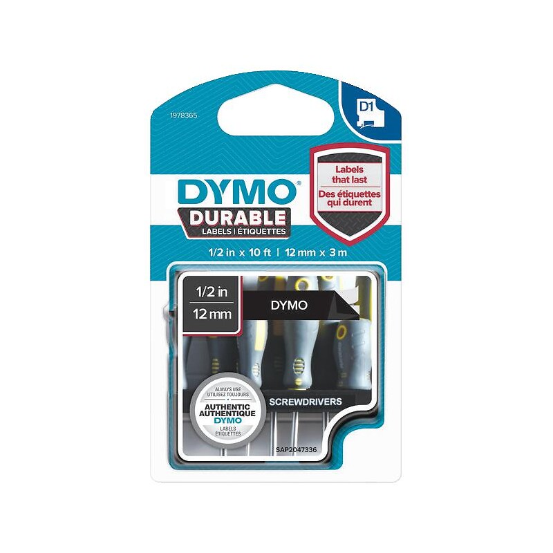 DYMO LabelManager cassette ruban D1 durable, haute résistance, Noir/Blanc,  12mm x 5,5m