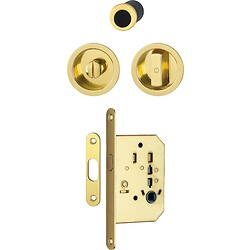 Serrure à condamnation rosace ronde pour porte coulissante intérieure avec manœuvres aluminium aspect laiton poli