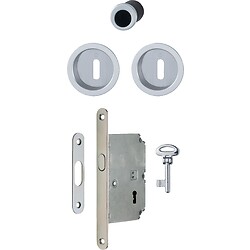 Serrure de porte coulissante à larder clé L fintion chromé satiné rosace ronde