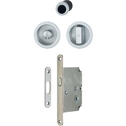 Serrure à condamnation rosace ronde pour porte coulissante intérieure avec manœuvres aluminium argent