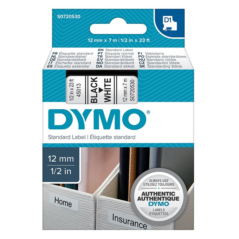 Remplacement de ruban d'étiquette compatible pour Dymo D1 45013 S0720530  Recharge Noir sur blanc 1/2 pouce x 23 pieds (12mm X 7m) Compatible pour  Dymo Labelmanager 160