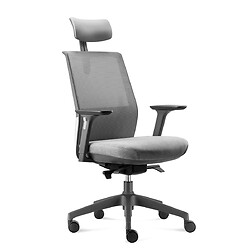 Fauteuil de bureau haut dossier One synchrone Gris résille et tissu - têtière PU et accoudoirs