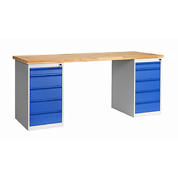 Établi L 2000 x P 700 x H 833 mm - 2 coffres porteurs 5 tiroirs gris/bleu - plateau hêtre massif 40mm - charge maximale 3500 kg