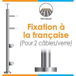 Poteaux pré-équipés à la française - support main-courante Ø 42,4 mm + 2 support câble Ø 6 mm + pinces à verre