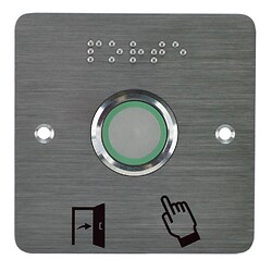 Bouton poussoir inox Ø 25 mm bleu/vert/buzzer 12/24V AC/DC contact NO+NC plaque inox braille + porte picto