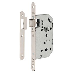 Serrure à larder NF type Monomax axe à 50 mm bec-de-cane têtière nickelée avec gâche
