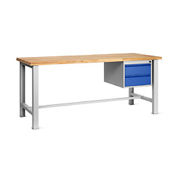 Établi L 2000 x P700 x H 833 mm -2 pieds GRIS / plateau hêtre massif 40 mm / caisson 2 tiroirs - charge maximale 750 kg