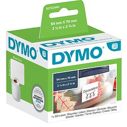 Étiquettes DYMO® LW multi-usages grand format 54x70mm adhésif semi-permanent noir sur fond blanc rouleau 320 étiquettes
