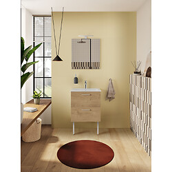 Meuble de salle de bain Mahoré caisson chêne doré 60 cm avec 2 tiroirs, vasque céramique, miroir, applique LED, pied chromé
