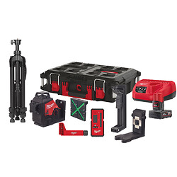 Niveau laser vert 3 lignes 360° 12V - Packout Box avec batterie 12V Red Li-Ion 4Ah, chargeur, trépied 1,2m, support 360° et accessoires