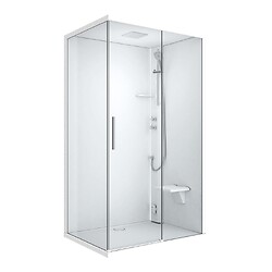 Cabine de douche GLAX 1 2.0 2P avec 2 panneaux et paroi fixe latérale 140X80 version gauche, mitigeur thermostatique avec coiffe noir
